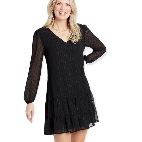 Black Metallic Swiss Dot Babydoll Dress - Picture 1 of 16